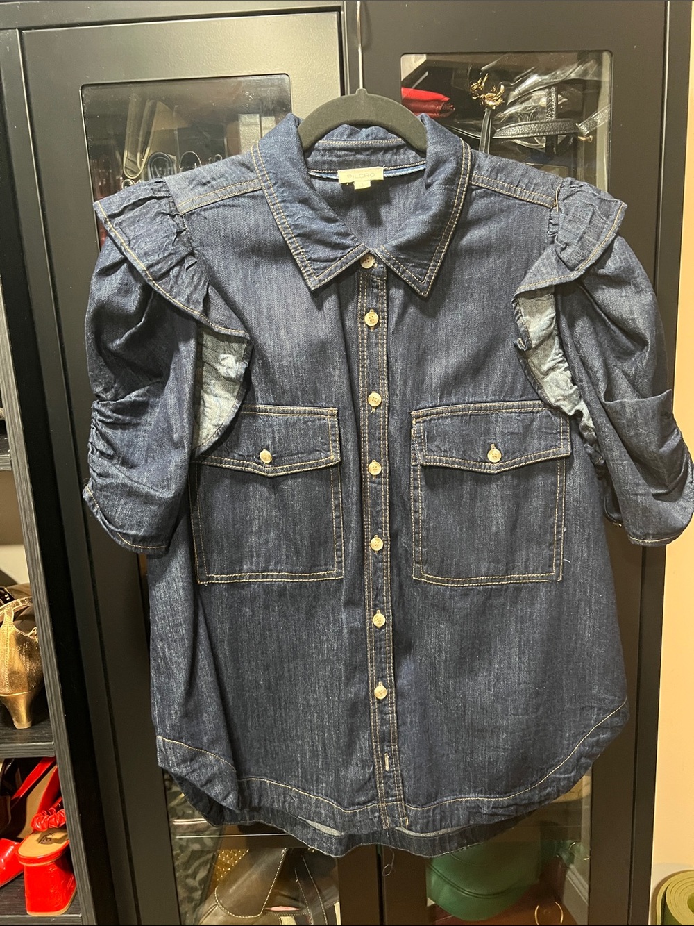 Pilcro Dark Blue Denim Button-Front Shirt with Ruffle Sleeves